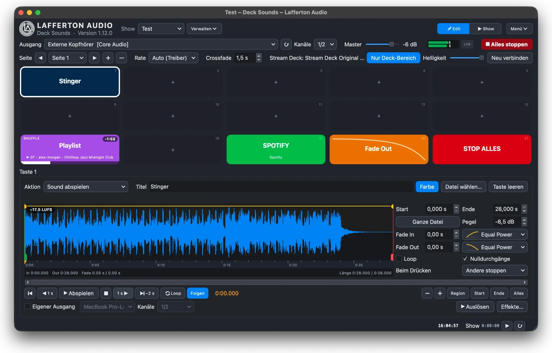 Deck Sounds, das Stream Deck Soundboard: Programmfenster mit Tastenraster, Wellenform und Fade-Einstellungen